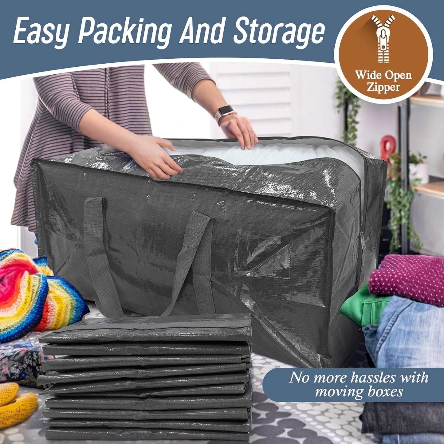 6 Pack Extra Heavy Duty Large Moving Bags with Strong Zipper & Comfortable Handles, Sturdy & Durable Clothes Storage Bags Totes Bins, Blue Packing Moving Boxes for College Supplies, Dark Blue
