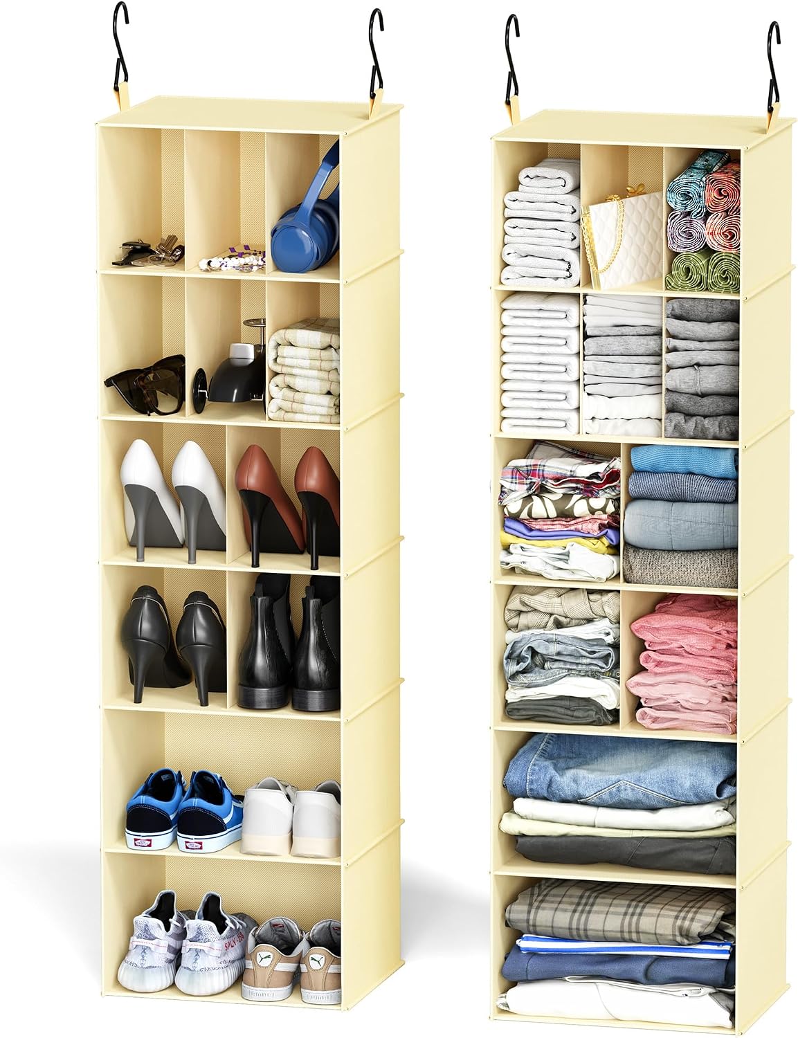 SpaceAid 2 Pack Hanging Closet Organizer and Storage with Dividers, 24 Compartments Hanging Shoe Shelves for Closet, Wardrobe, RV, Garment Rack - Black