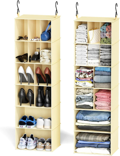 SpaceAid 2 Pack Hanging Closet Organizer and Storage with Dividers, 24 Compartments Hanging Shoe Shelves for Closet, Wardrobe, RV, Garment Rack - Black