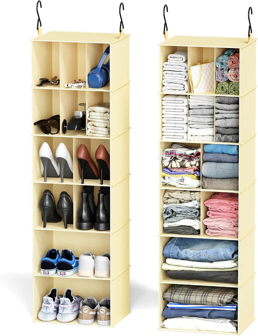 SpaceAid 2 Pack Hanging Closet Organizer and Storage with Dividers, 24 Compartments Hanging Shoe Shelves for Closet, Wardrobe, RV, Garment Rack - Black