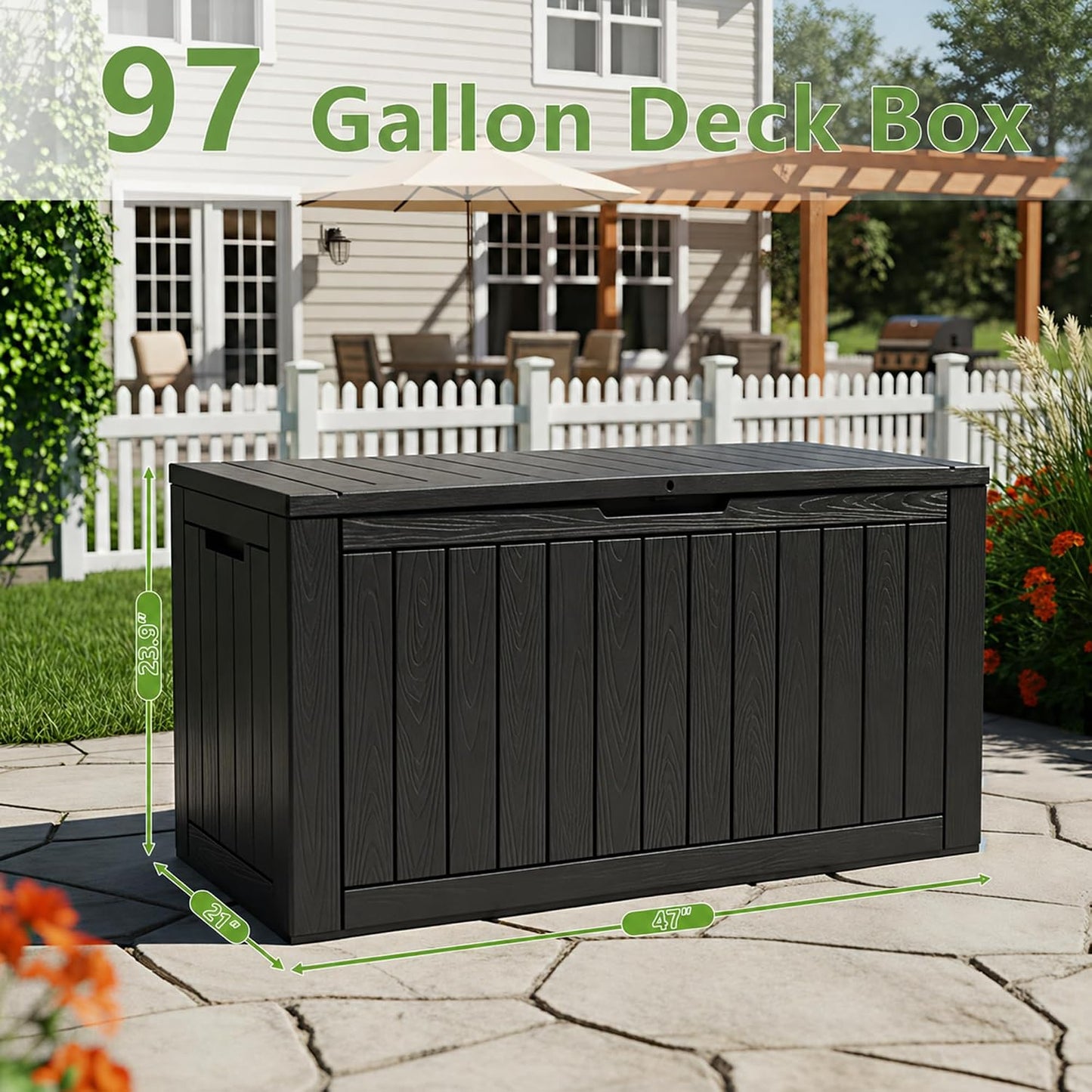 KAMABOKO 31 Gallon Outdoor Storage Box, Resin Deck Boxes Indoor and outdoor, Waterproof Storage Box Lockable Lid for Garden Tools, Package Delivery, Pool Supplies, Patio Cushions, Black