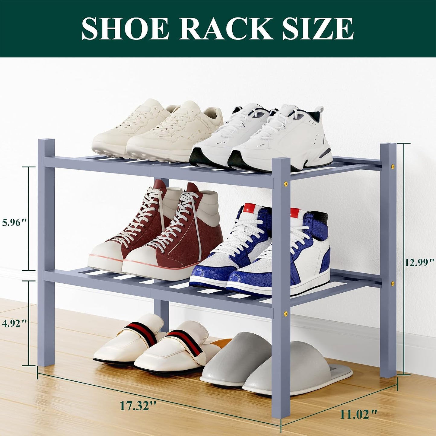 Smiry Bamboo Shoe Rack, 3 Tier Free Standing Wooden Shoe Organizer, Stackable Wood Shoe Storage Shelf for Closet, Entryway, 12 Vertical Slats, 2+1 Stack Standard Legs, 26.8"x11"x19.5", Natural