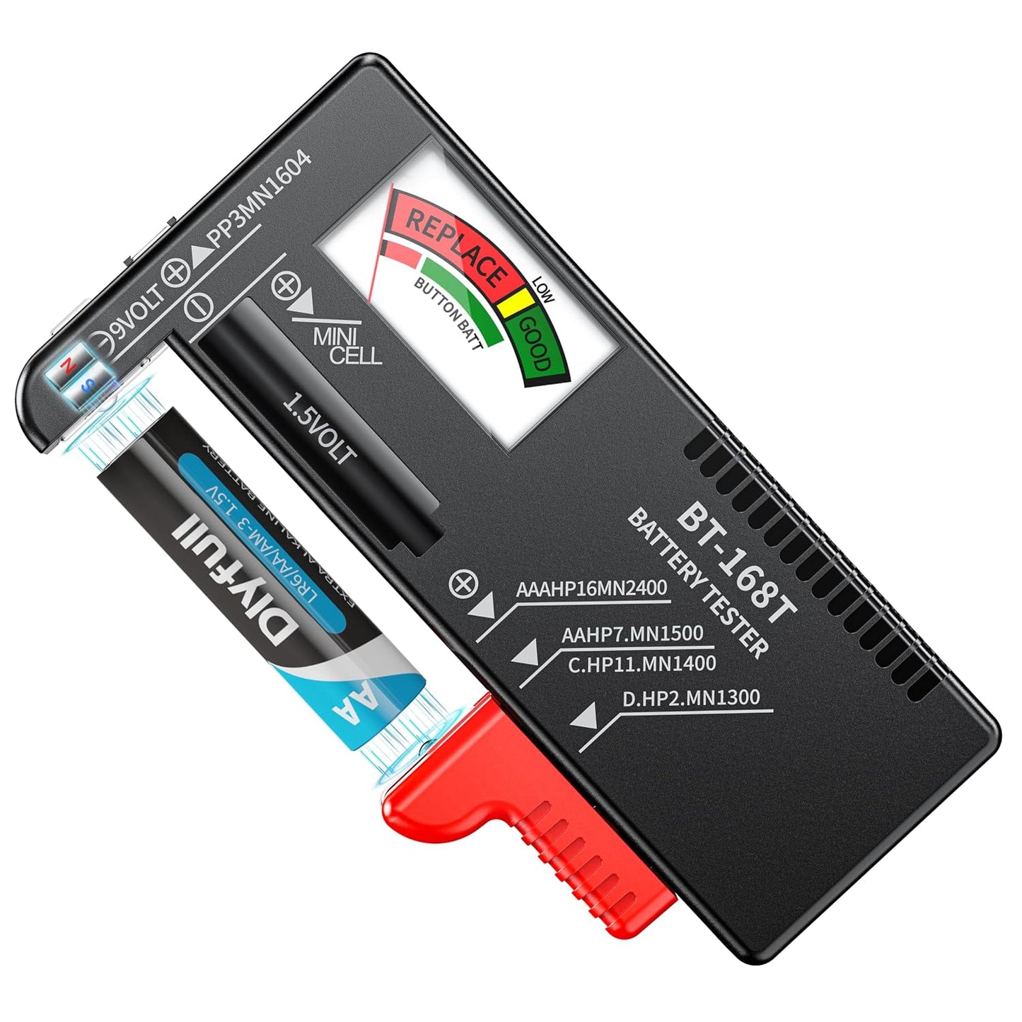 Dlypow Magnetic Battery Tester for AAA AA C D 9V, Buttons, Batteries Checker