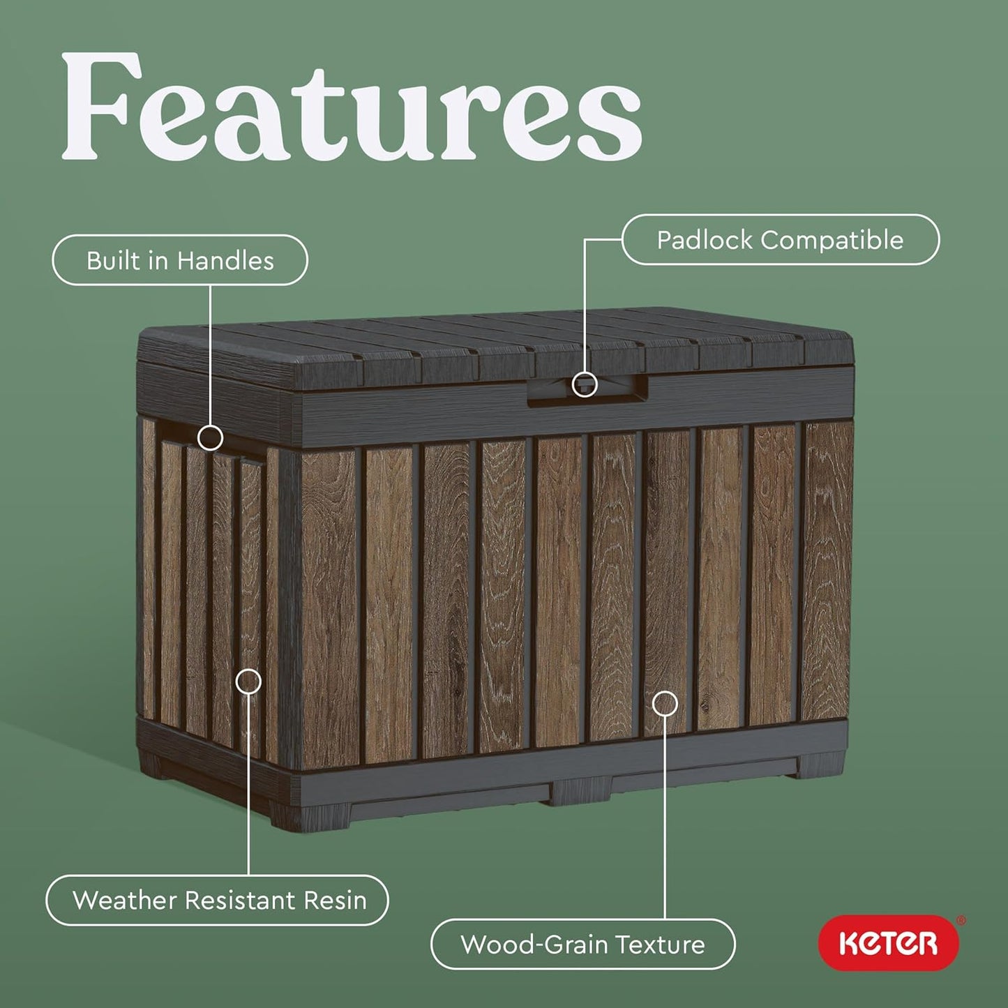 Keter Signature Everwood 30 Gallon Resin Outdoor Storage Box and Patio Furniture Side Table for Pool and Garden Accessories, Walnut