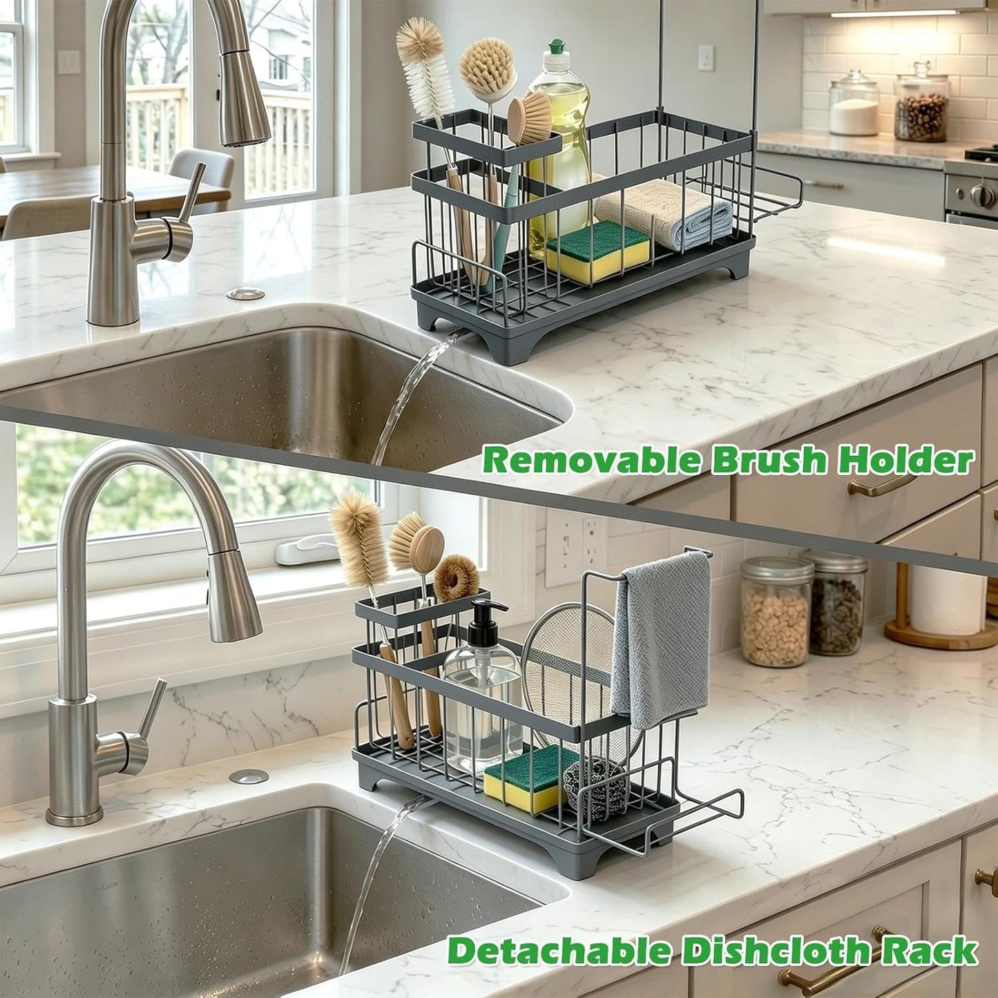 Sponge Holder for Kitchen Sink, Sink Caddy Organizer with Detachable Cloth & Brush Holder, Self-Draining Sponge Caddy Organizer with 360° Rotatable Spout, Kitchen Countertop Storage Accessories(Black)