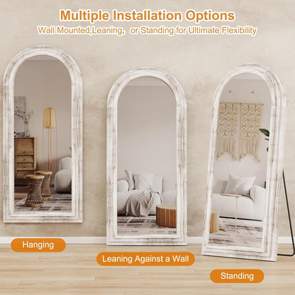 ZHUNFA Arched Full Length Mirror with Solid Wood Frame | 65x22 Farmhouse Wall Mirror Full Length with Stand, Vertical Hanging, Leaning Standing for Bedroom,Living Room, Rustic White