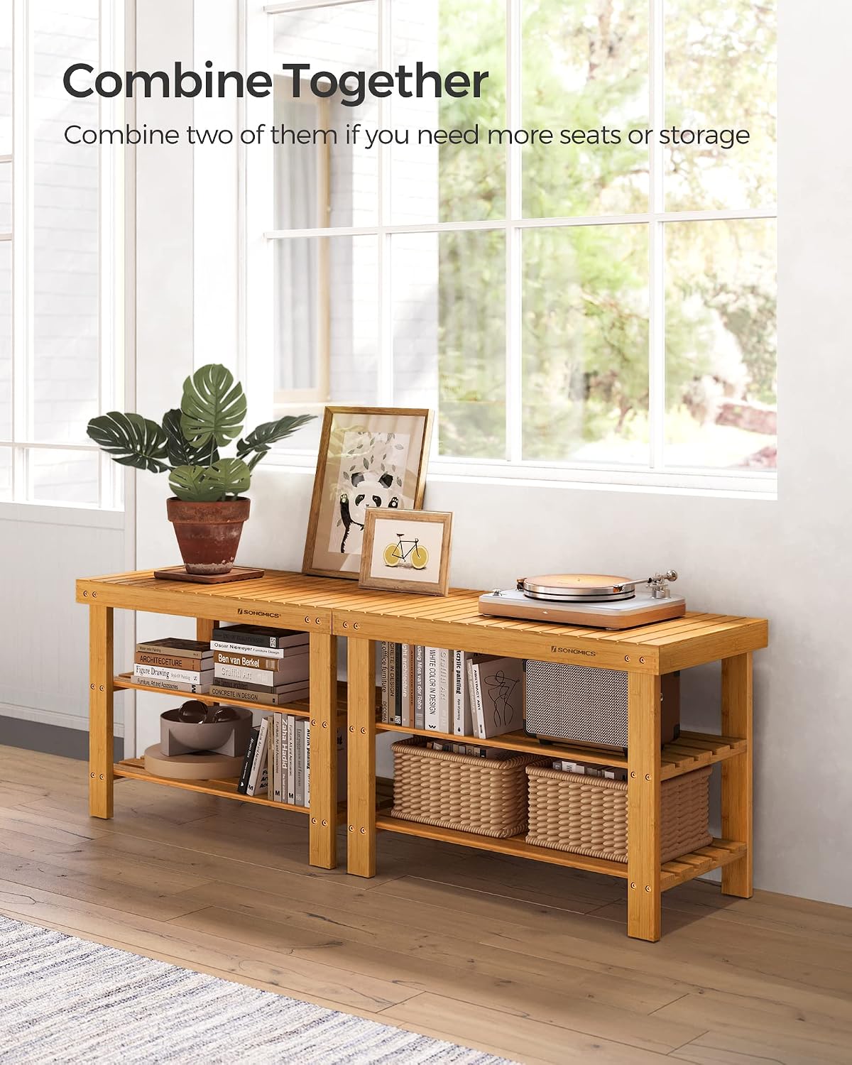 SONGMICS Shoe Rack Bench, 3-Tier Bamboo Shoe Storage Organizer, Entryway Bench, Holds Up to 286 lb, 11.3 x 27.6 x 17.8 Inches, for Entryway Bathroom Bedroom, Ink Black ULBS04H