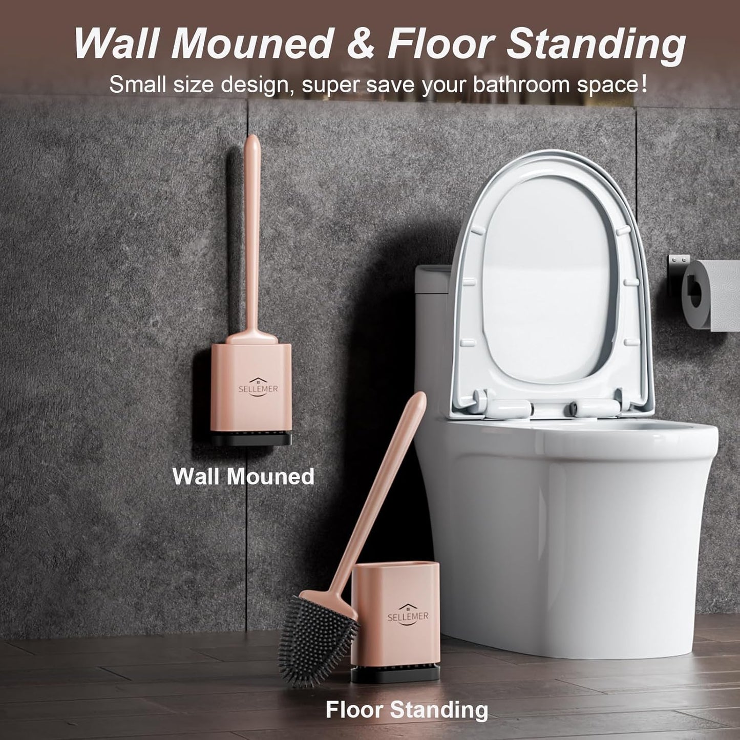 Sellemer Toilet Brush and Holder Set - Flexible Toilet Bowl Brush Head with Silicone Bristles, Compact Size for Storage and Organization, Ventilation Slots Base (1 Pack, Silver)