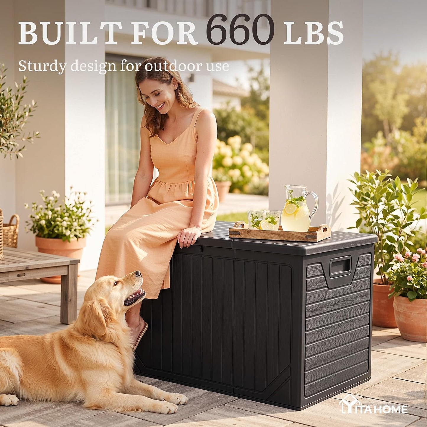 YITAHOME 100 Gallon Large Outdoor Deck Box | Waterproof Resin Storage Box, Lockable Indoor Outdoor Storage Container for Patio Furniture Cushions, Pool Accessories