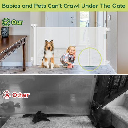 Reinforced 55" Wide Retractable Baby Gates with Reinforced Strips, Indoor/Outdoor Retractable Dog Gate for Doorway Prevent Bottom Drilling Through, No Bottom Bar Safety Mesh Baby Gate for Stair, Black
