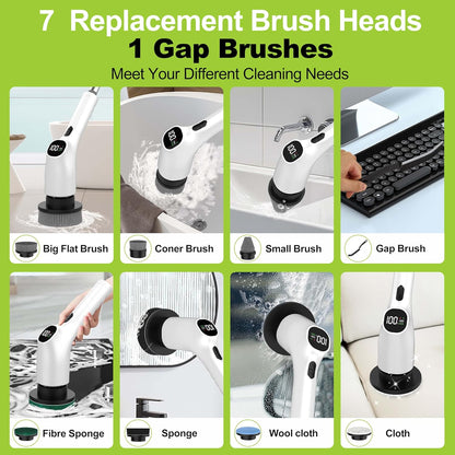 WKY-Electric Spin Scrubber - 10-in-1 Cordless Shower Scrubber & Cleaning Brush with Extendable Handle, 2 Speeds, IPX7 Waterproof Brush Heads, LED Display, Smart AI Chip,for Bathroom, Kitchen White