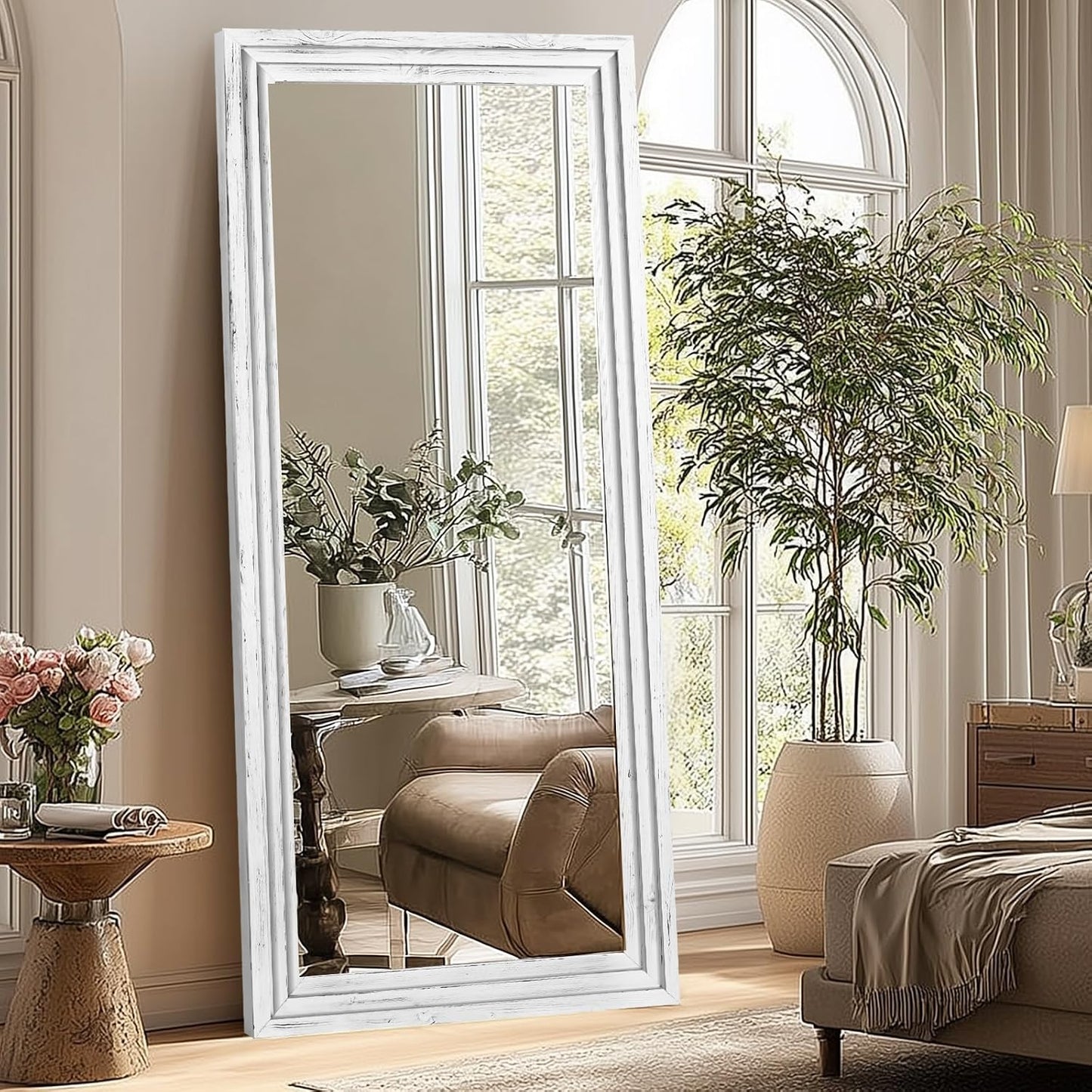 65"x22" Full Length Mirror Solid Wood Frame Floor Mirror with Stand for Living Room, Bedroom Hanging Standing or Leaning, Brown