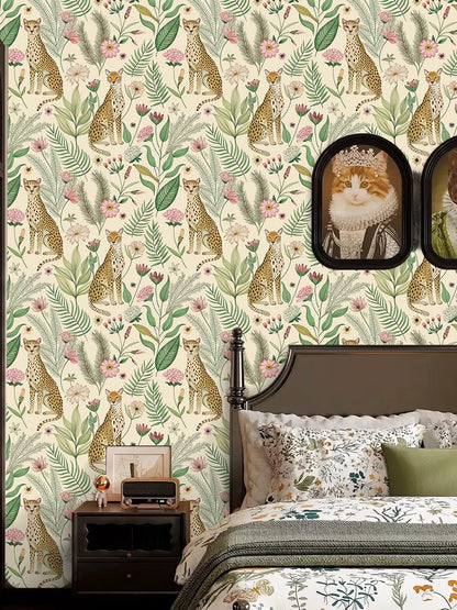Floralplus Peel and Stick Wallpaper Leopard Jungle Removable Wallpaper for Bathroom Renter Friendly Wallpapers Self Adhesive Animal Floral Contact Paper for Accent Wall 17.5 x 118 in