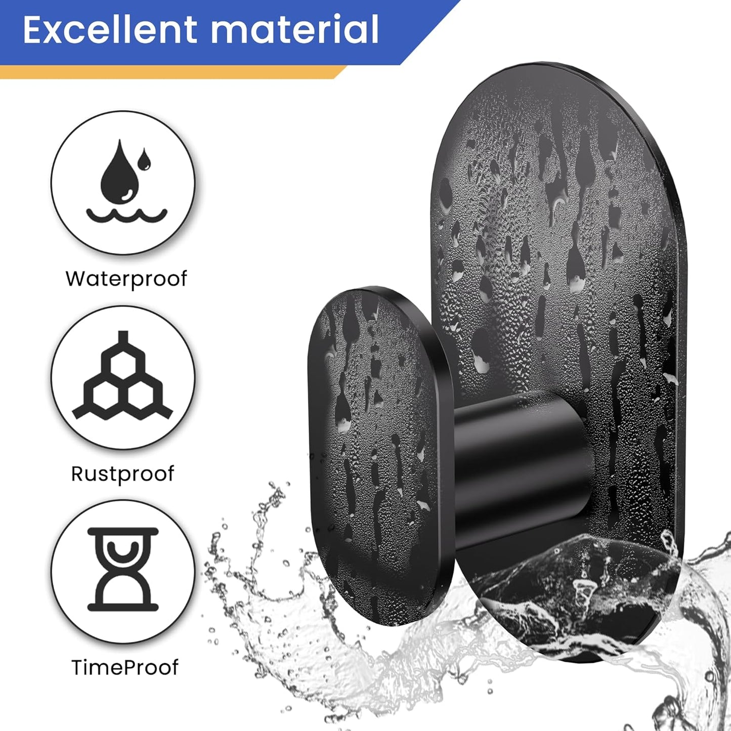 Aikzik Black Adhesive Hooks Heavy Duty-Max 26lb, Wall Hooks for Shower, Bathroom, Towel, Coat, Robe, Stainless Steel Hooks for Hanging, Sticky Hooks for Walls No Damage- 4 Pack