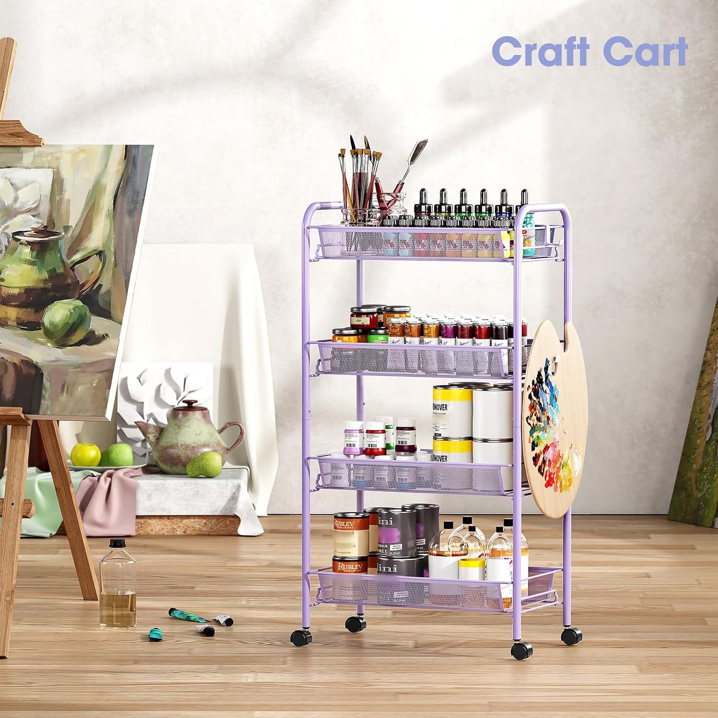 TOOLF 3-Tier Metal Rolling Cart, Mesh Wire Easy Assemble Utility Cart, Storage Trolley on Wheels with 3 Hooks, MetalStorage Shelving Units for Kitchen Bathroom Laundry Room