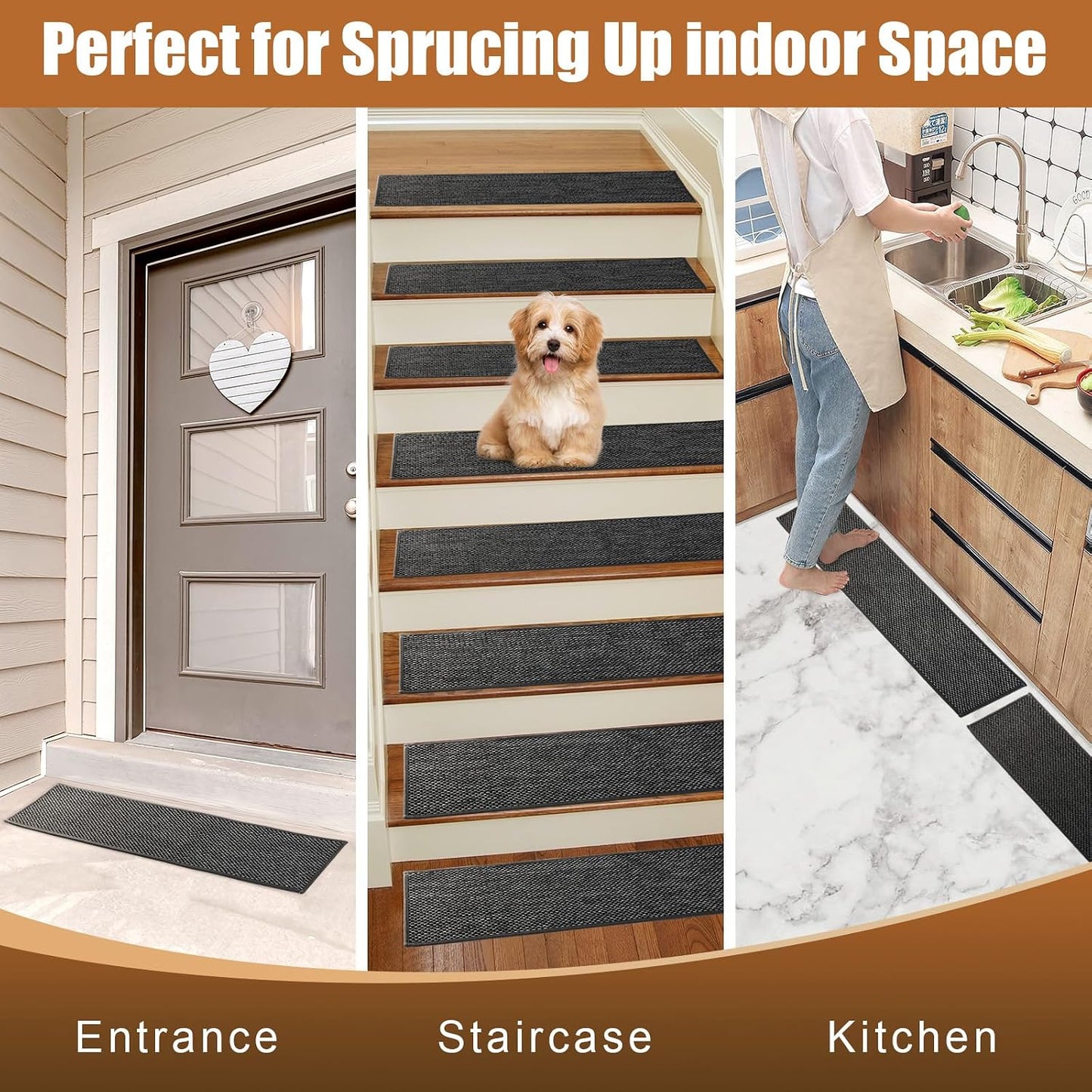 15Pcs Stair Treads for Wooden Steps With Self Adhesive, 8"x30" Non Slip Stair Runners-Peel & Stick Indoor Stair Carpet Runner, Resistant Runner for Kids, Elders and Pets, Black