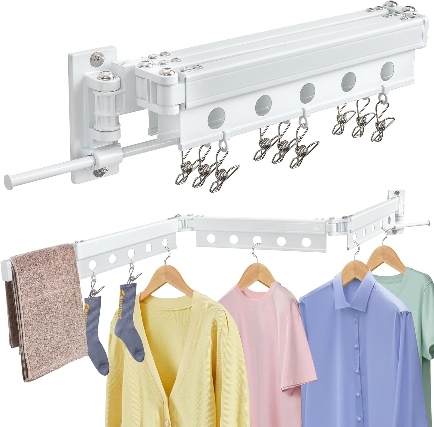 ZOFGENOW Clothes Drying Rack Wall Mounted, Retractable & Collapsible(Tri-Fold) Space-Saving Foldable Laundry Drying Rack for Indoor & Outdoor Use - Laundry Rooms, Bathroom & Balconies (White)