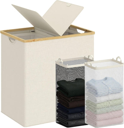 efluky Laundry Hamper with Lid, Trio Laundry Basket with 2 Removable Bags, 3 Section Laundry Bin with Bamboo Handles for Bathroom, Bedroom & Laundry Room, 160L (42.3 Gallon) Beige