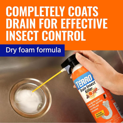 TERRO Drain Insect Killer, 1-Pack, Foam Treatment for Indoor Infestations | Kills Cockroaches, Drain, House, & Fruit Flies, Extension Tube Application, Drain Fly Killer, Works on All Pipes