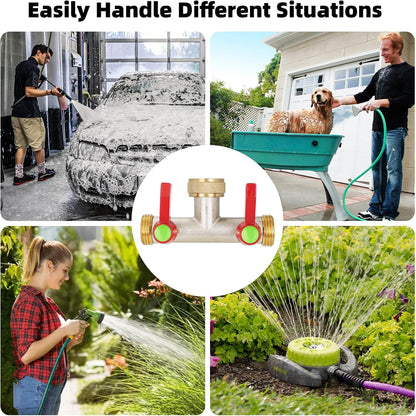 Hose Splitter 2 Way, High Flow Garden Hose Splitter, 3/4” Ght Inlet Brass Heavy Duty Hose Converter, Full Flow water 2 Way Faucet hose splitter, Long Handle Hose Valve Large Outlet.