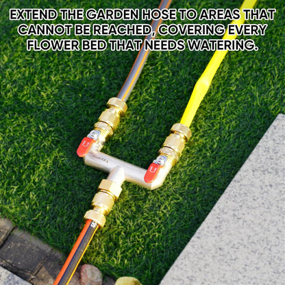 Garden Hose Splitter, 3/4” Rust and Freeze Resistant Outdoor Hose Manifold with 2 Red Extra Long Handles Faucet Adapter-Heavy Duty Brass Nickel Plated 2-Way Valve