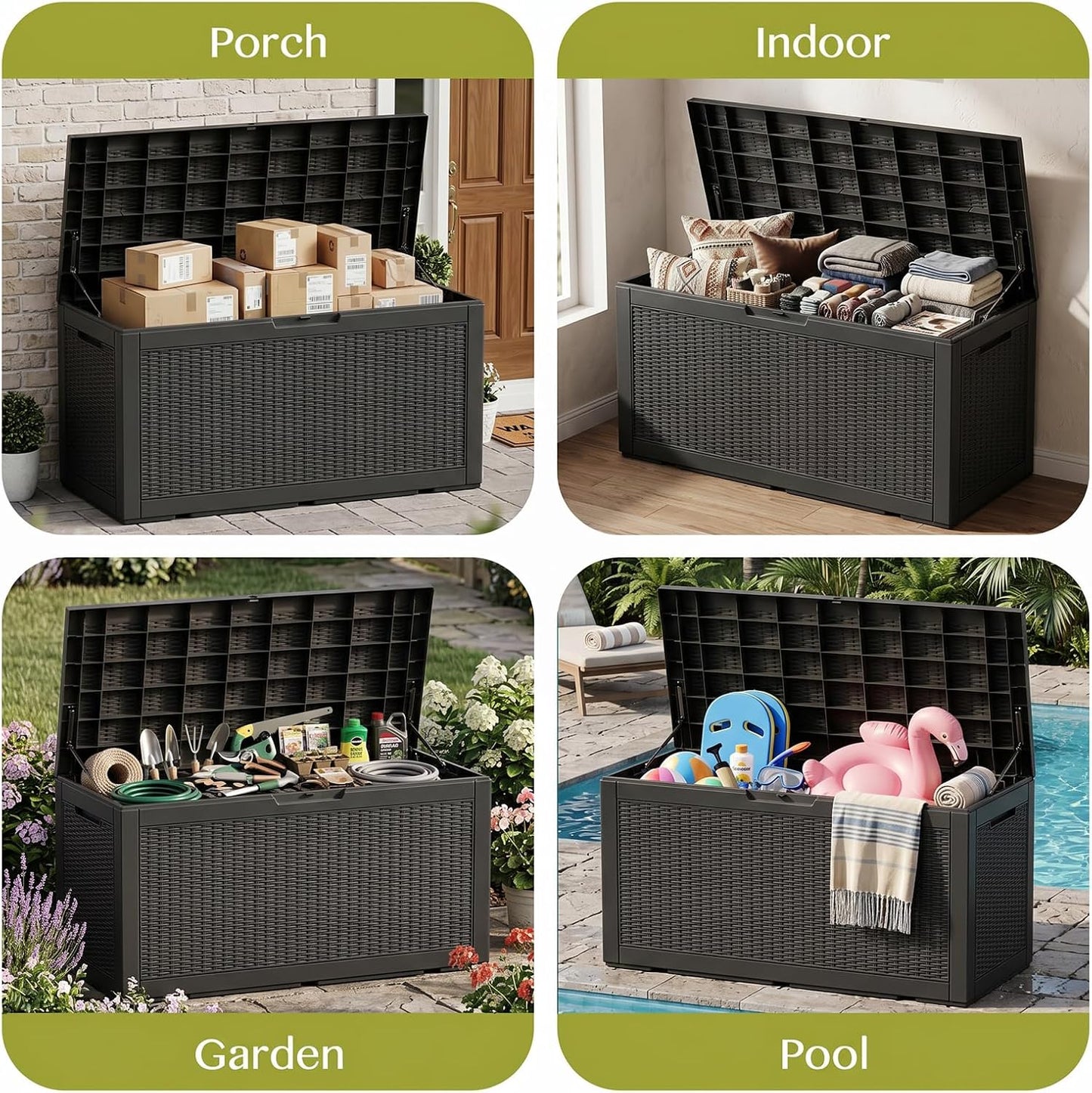 Waterproof Outdoor Storage Box Outside Deck Box Lockable Resin Bench UV Resistant Furniture Cushion Pool Tool Float Bin Patio Garden Porch (Black, 120 Gallon)