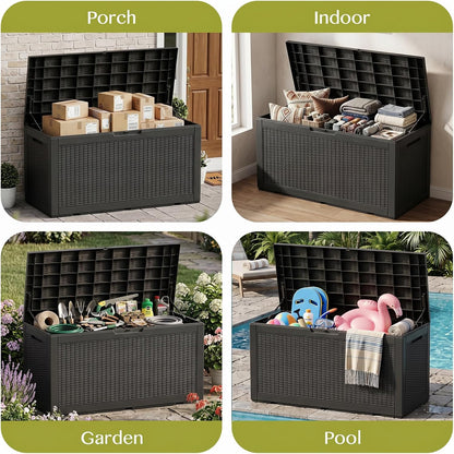 Waterproof Outdoor Storage Box Outside Deck Box Lockable Resin Bench UV Resistant Furniture Cushion Pool Tool Float Bin Patio Garden Porch (Black, 120 Gallon)