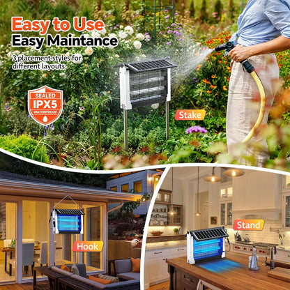 Solar Bug Zapper Outdoor, Dual Solar Panels, 4500V Waterproof Portable Mosquito Zappers, Cordless Fly Trap w/Auto Mode, Rechargeable Mosquitoes Insect Killer for Patio Yard Camping Garage(White)
