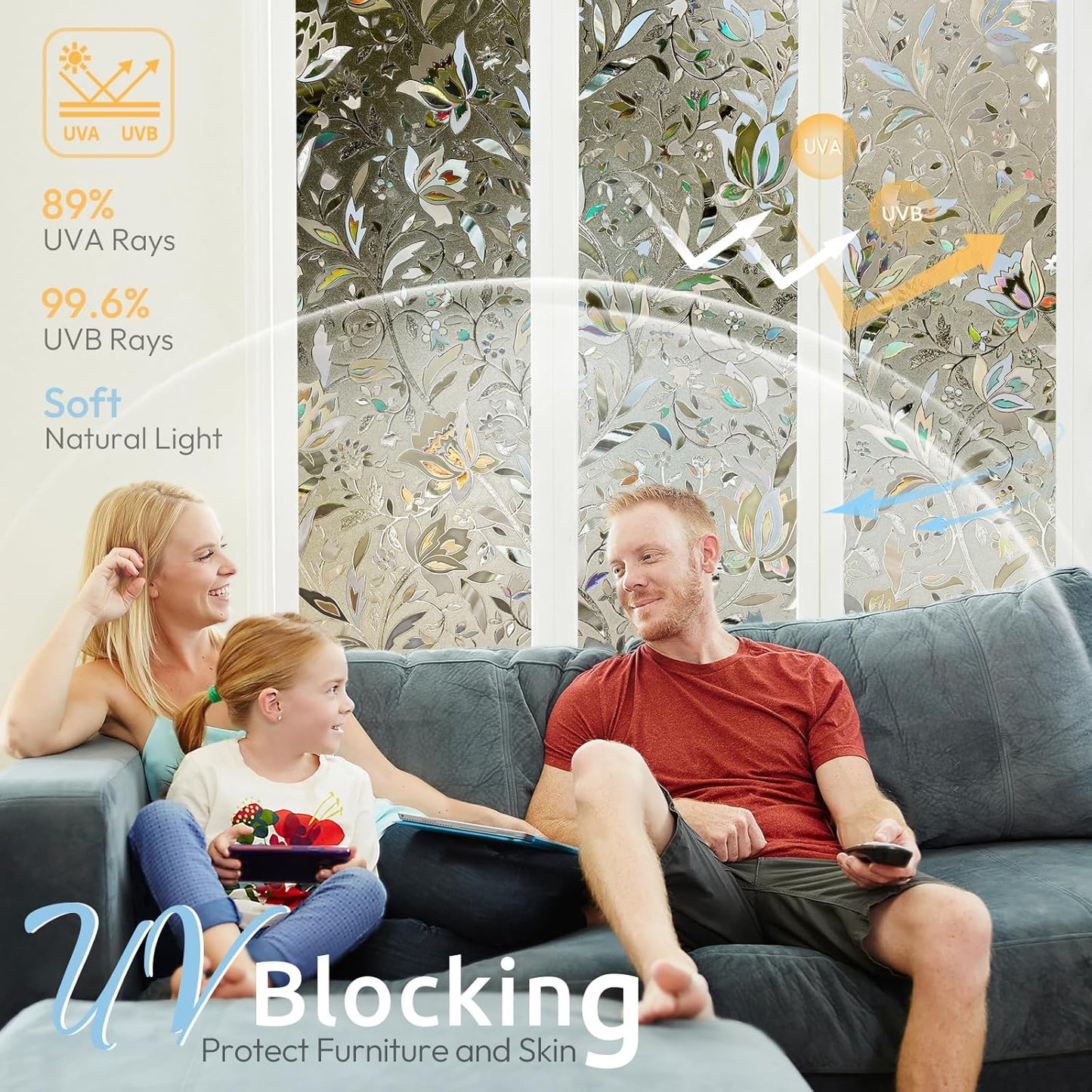 rabbitgoo Window Privacy Film, Decorative Stained Glass Window Film, Sun Blocking Glass Clings, Renter-Friendly Static Cling Frosted Sticker Covering for Home Door, Rainbow Tulip 17.5" X 78.7"