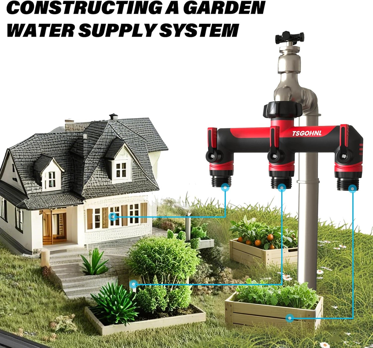 3 Way Garden Hose Splitter, High Flow Outdoor Faucet Splitter with 3 Independent Shut Off Valves, Wide Spacing for Timers, Standard 3/4" GHT for Lawn Yard Garden Watering