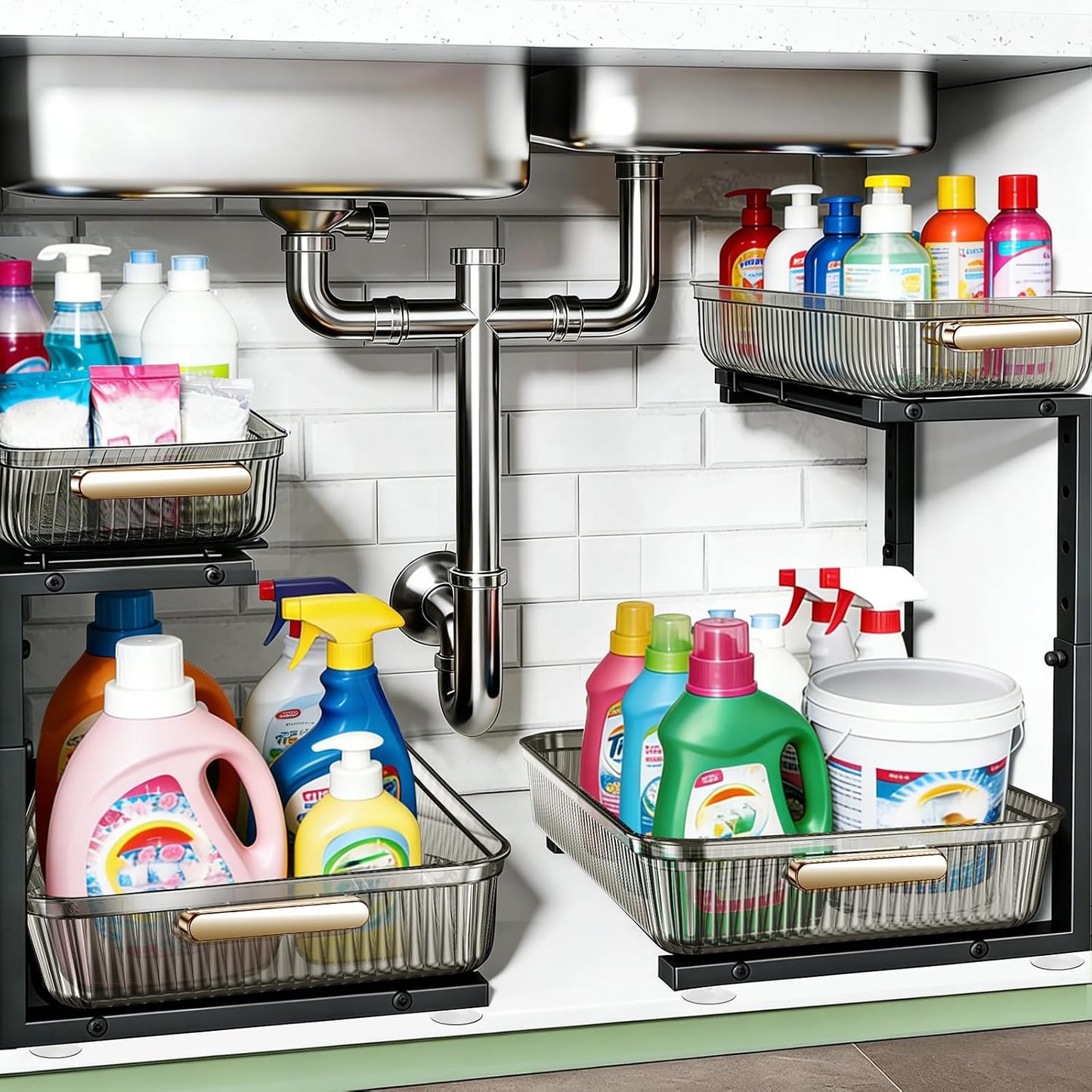 ARSTPEOE 2 Pack Double Sliding Under Sink Organizers and Storage,Two Tier Bathroom Storage and organization,Under Cabinet Organizer, Clear