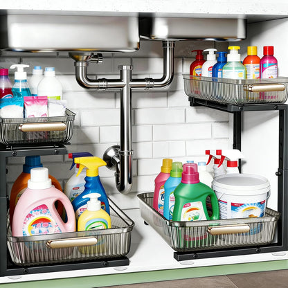ARSTPEOE 2 Pack Double Sliding Under Sink Organizers and Storage,Two Tier Bathroom Storage and organization,Under Cabinet Organizer, Clear
