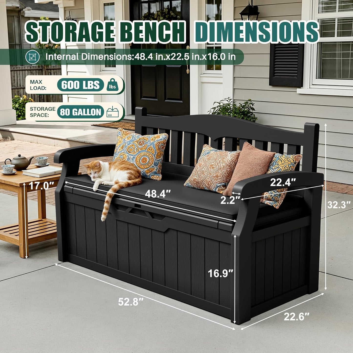 Devoko 80 Gallon Storage Bench Deck Box Lockable for Patio Furniture, Garden Decor and Outdoor Seating for Cushions, Garden Tools and Pool Supplies (Black)