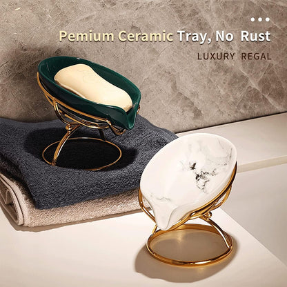 Dobbyby Leaf-Shaped Soap Dish – Premium Ceramic Soap Bar Holder with Self-Drainage System – Bar Soap Holder for Shower, Bathroom Sink, Kitchen – Waterfall Soap Dish with Stainless Steel Stand (SLIVER)