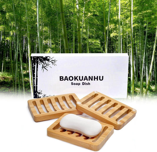 3 Pack Bamboo Wood Soap Dish Bar Soap Holder with Self Draining Tray Natural Waterfall Drain Soap Saver for Shower Bathroom Kitchen