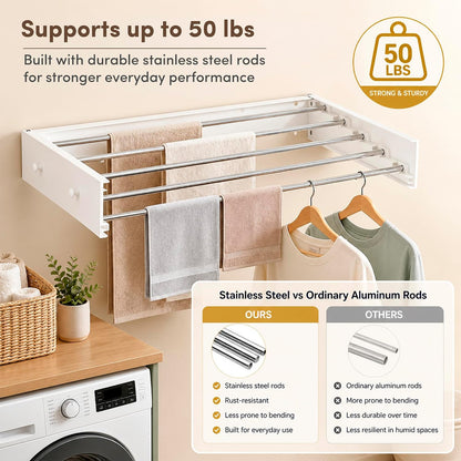 Wall Mounted Drying Rack Stainless Steel 31.5", Foldable Clothes Drying Rack with 4 Hooks & 5 Rods, Heavy Duty Outdoor Indoor Clothes Drying Rack for Apartment Bathroom Balcony Laundry Room