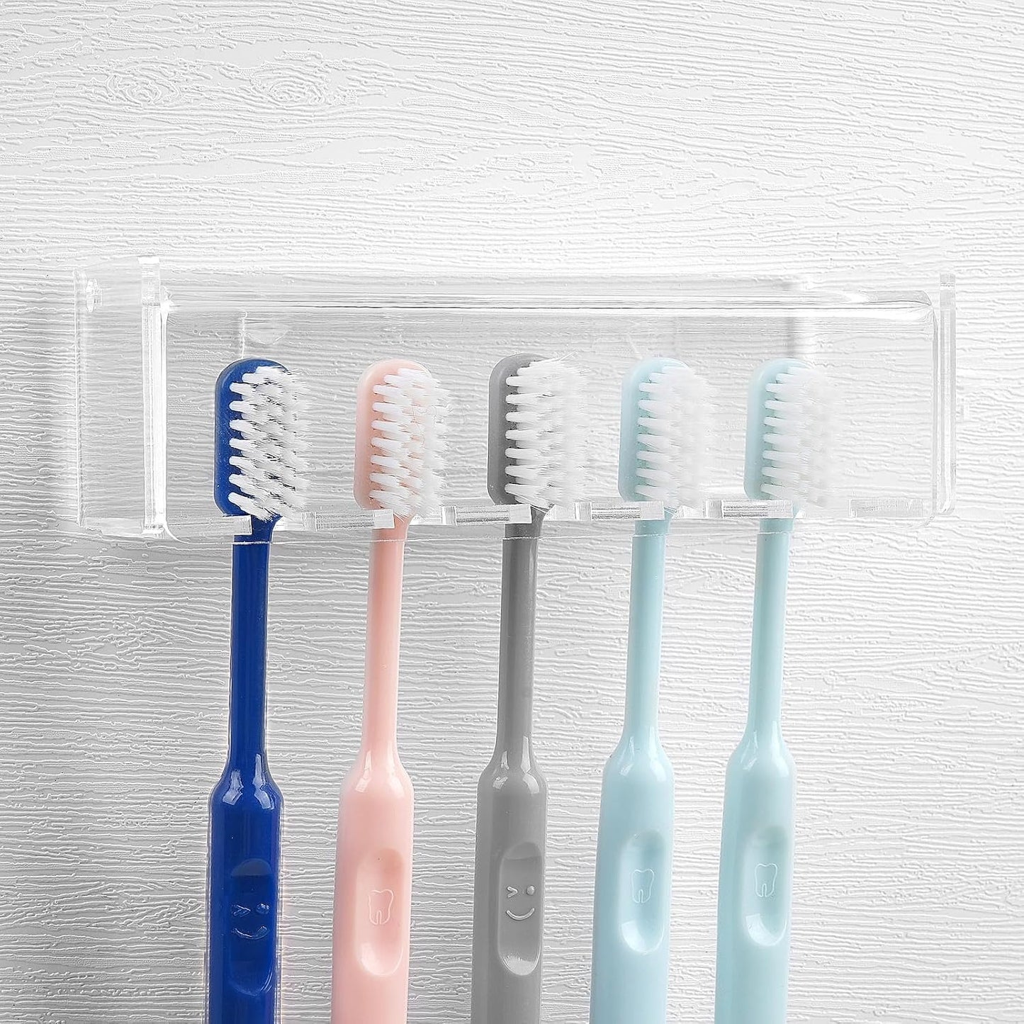 5 Slots Wall Mount Toothbrush Holder with Cover, Self Adhesive Toothbrush Storage Organizer for Shower, Toothbrush Hanger with Automatic Toothpaste Squeezer Dispenser