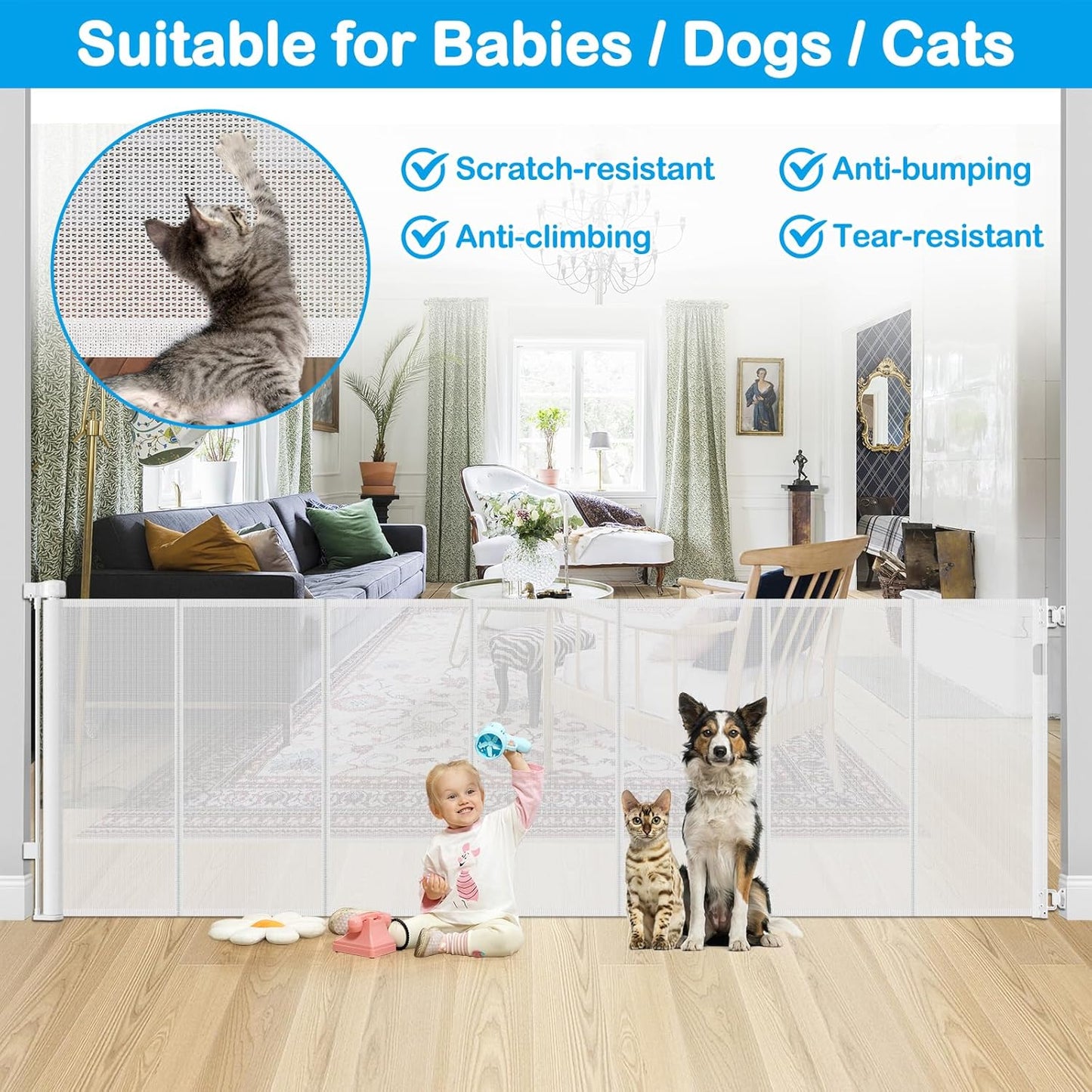 42 Inch Extra Tall Retractable Baby Gates with Reinforced Strips 55 Inch Wide Outdoor Retractable Dog Gate No Sag Extra Tall Baby Gate for Doorway Anti-Scratch Mesh Gates for Kids or Pets, White