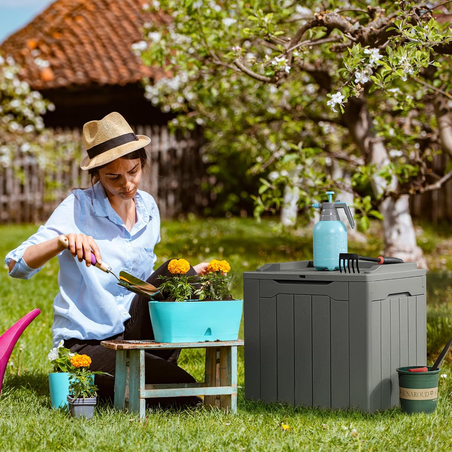 Flamaker Outdoor Storage Box 80 Gallon Resin Waterproof Deck Box Delivery Box with Wood Texture Large Storage Bin for Patio Cushions, (Grey)