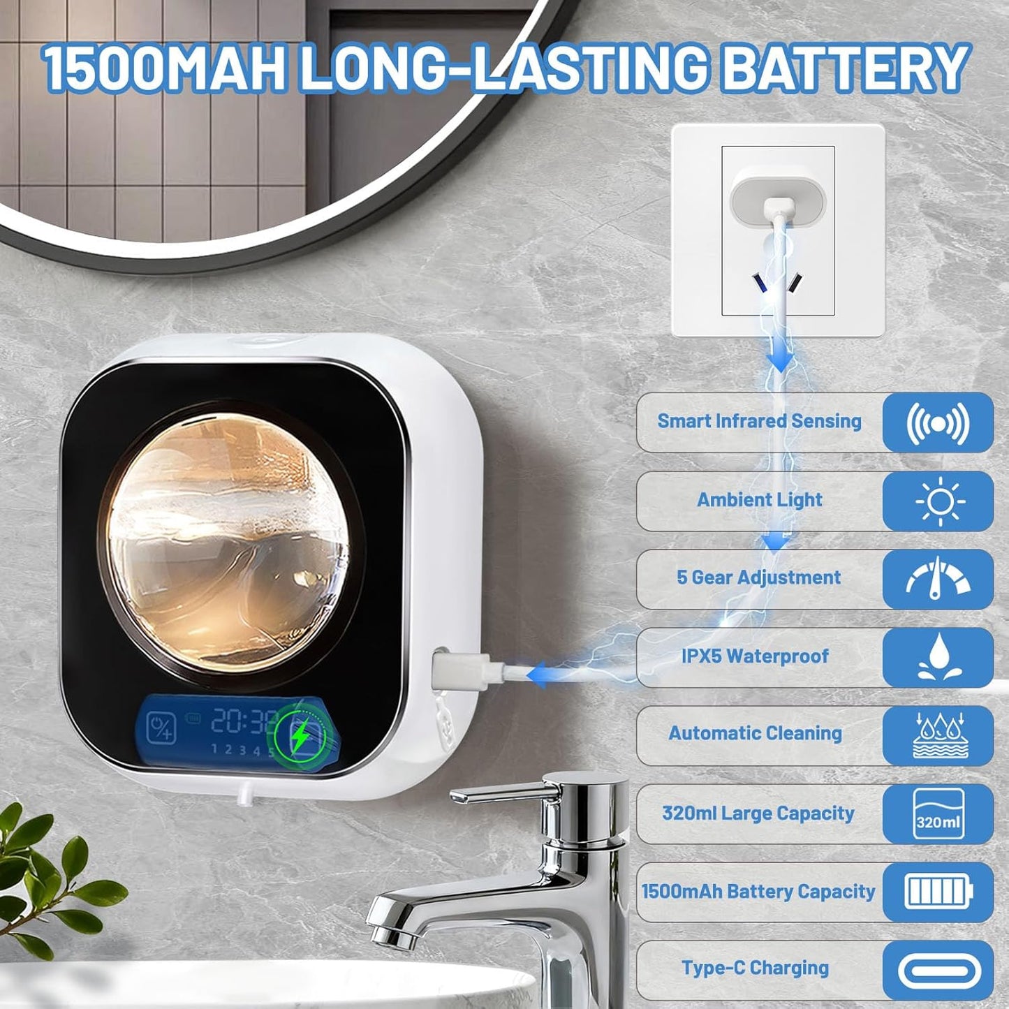 Automatic Soap Dispenser, 320ML Touchless Smart Hand Soap Dispenser, 3 Adjustable Soap Levels, Rechargeable Wall Mounted Electric Foam Soap Dispenser for Bathroom Kitchen Office (White - T1)