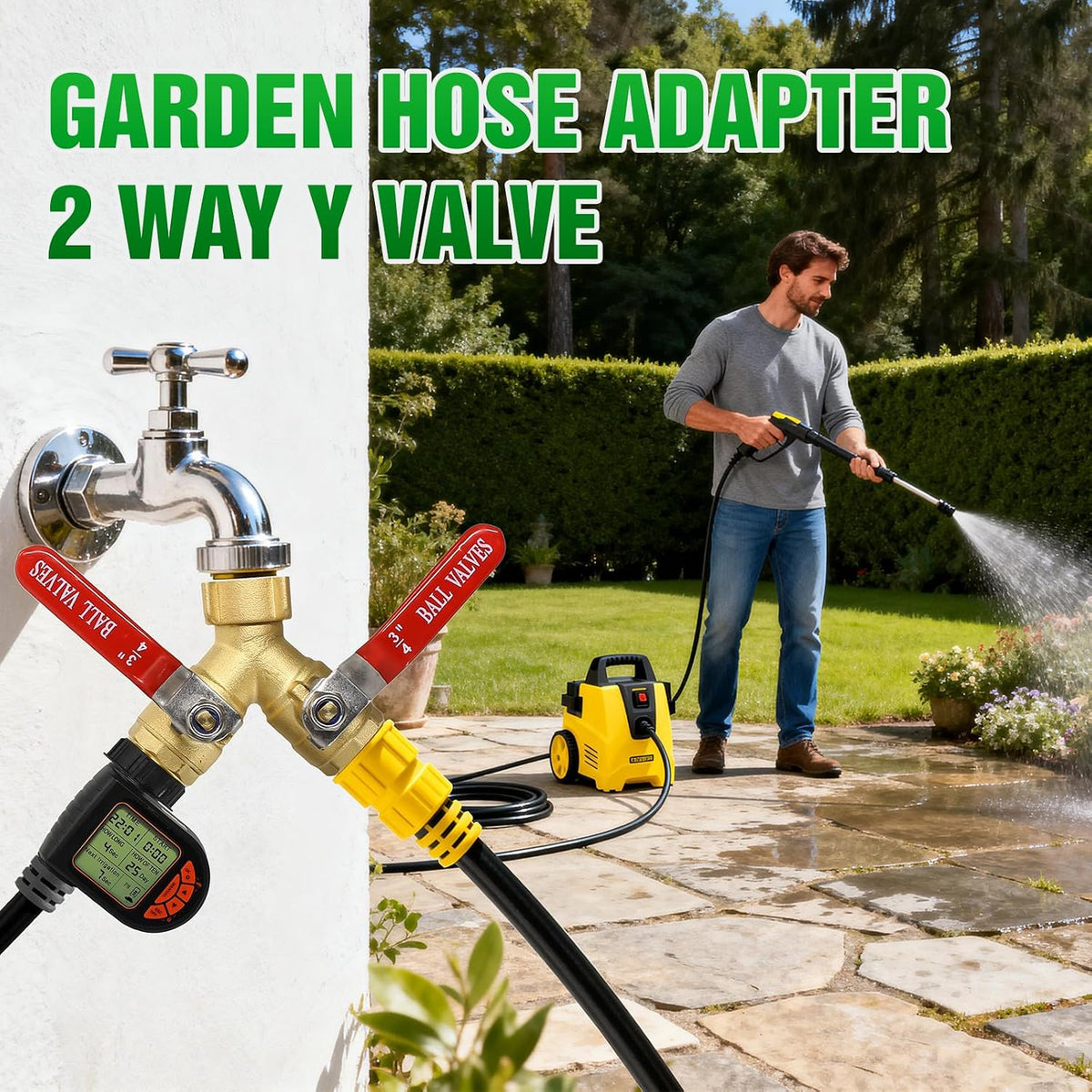 Brass Garden Hose Splitter 2 Way Heavy Duty with Metal Extended Handle | Outdoor Duel Water Hose Splitter, Dual Outdoor Faucet Connector for Lawn, Irrigation & Washing, Dual Hose Adapter