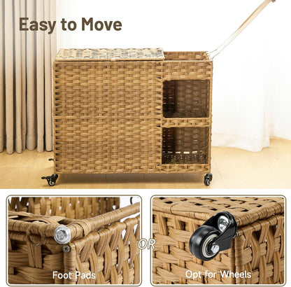 Laundry Hamper with Wheels, 42.3 Gal.(160 L) Laundry Sorter with Shelves, Rattan Clothes Hamper with 4 Removable Liners & 3 Mesh Bags, Handwoven Organizer for bedroom, bathroom, laundry room, Natural