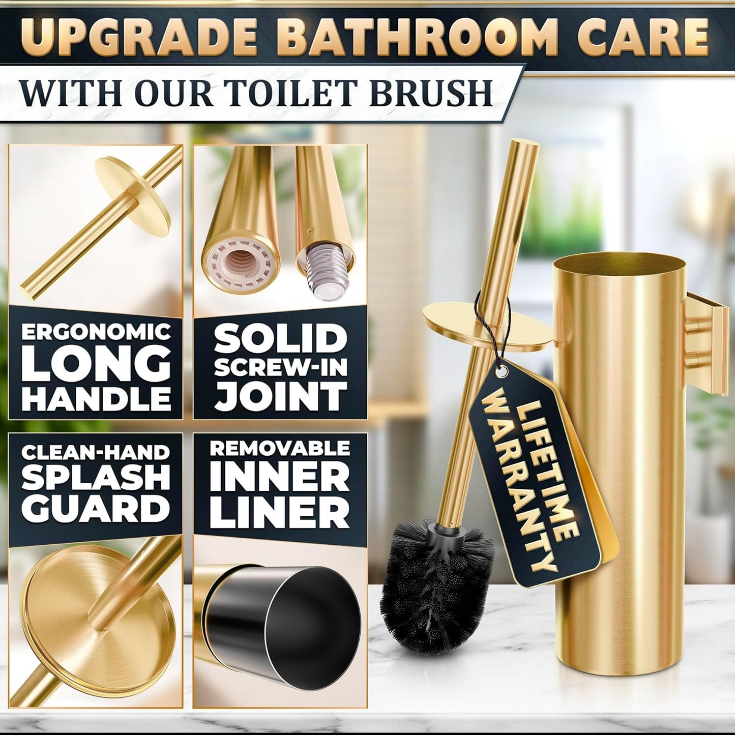 Black Toilet Brush and Holder Set - Slim Matte Design that Fits Anywhere - Stainless Steel Toilet Bowl Brush and Holder with 2 Rounded Corners, Replaceable Head, Removable Inner Bowl & Splash Guard