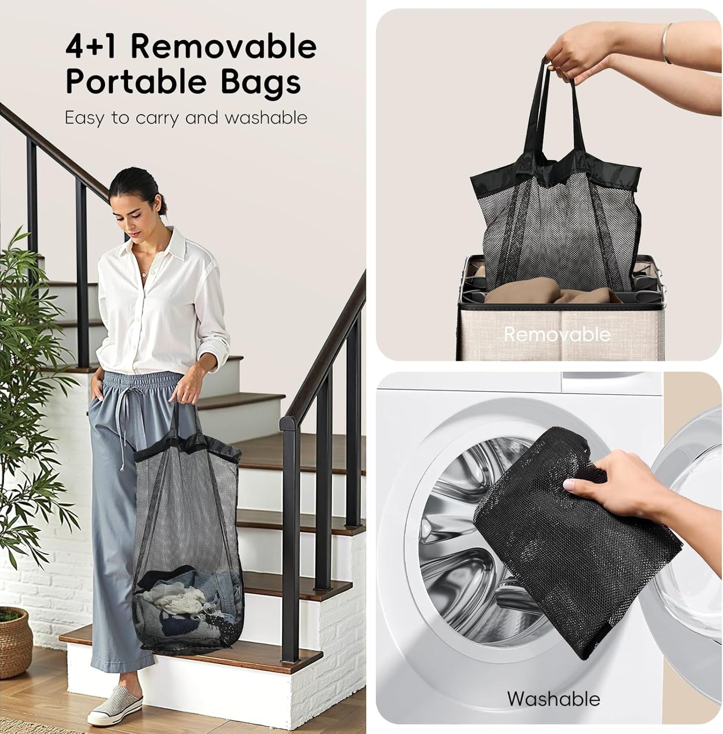 185L Laundry Hamper 3 Section, Laundry Hamper with Lid, Dirty Clothes Hamper with 3 Removable Washing Bags, Extra Large Laundry Basket Organizer for Bedroom, Laundry Room, Dorm - Black