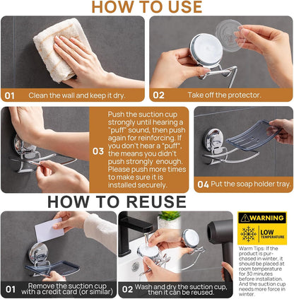 LEVERLOC Soap Dish Holder for Shower Suction Cup Wall Mounted Self Draining NO-Drilling Removable Bar Soap Sponge Holder for Bathroom Bathtub Kitchen Sink Waterproof Strong Vacuum Suction Adhesion