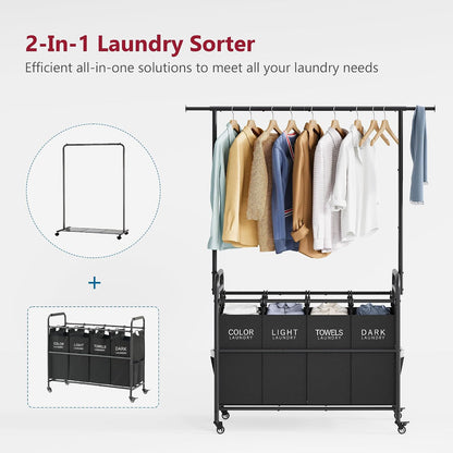 Tajsoon Laundry Hamper with Hanging Rack, 3 Section Laundry Sorter with Heavy Duty Lockable Wheels, Laundry Basket Organizer for Dirty Clothes Storage, 3 Beige