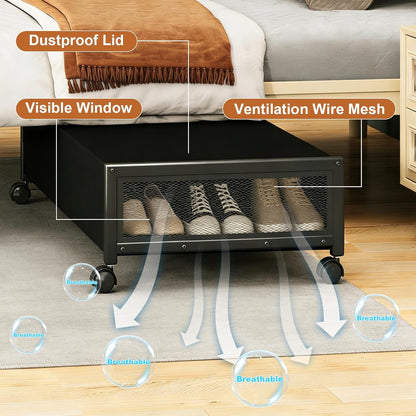 2 Pack Under the Bed Storage Containers,10 inch Height Under Bed Shoe Storage,31inch Long Underbed Storage with Wheels,Large Rolling under bed Clothes Storage Drawers with Lid for Dorm Tall ,Black