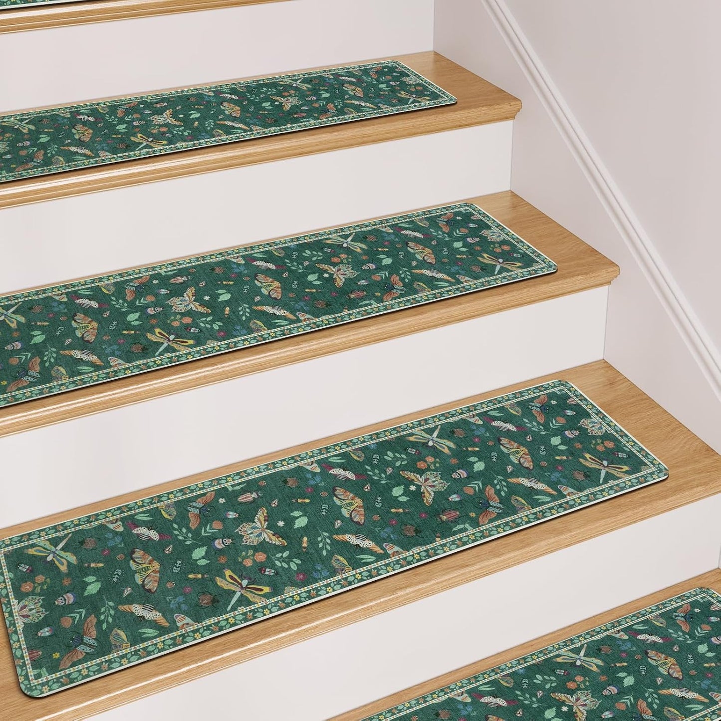 OJIA Insect Print Stair Treads Non Slip Stair Runners for Wooden Steps Indoor, 15PCS 8"x30" Rubber Backing Carpet Treads for Wood Stairs Staircase Step Treads for Kids & Dogs, Stair Covers, Black