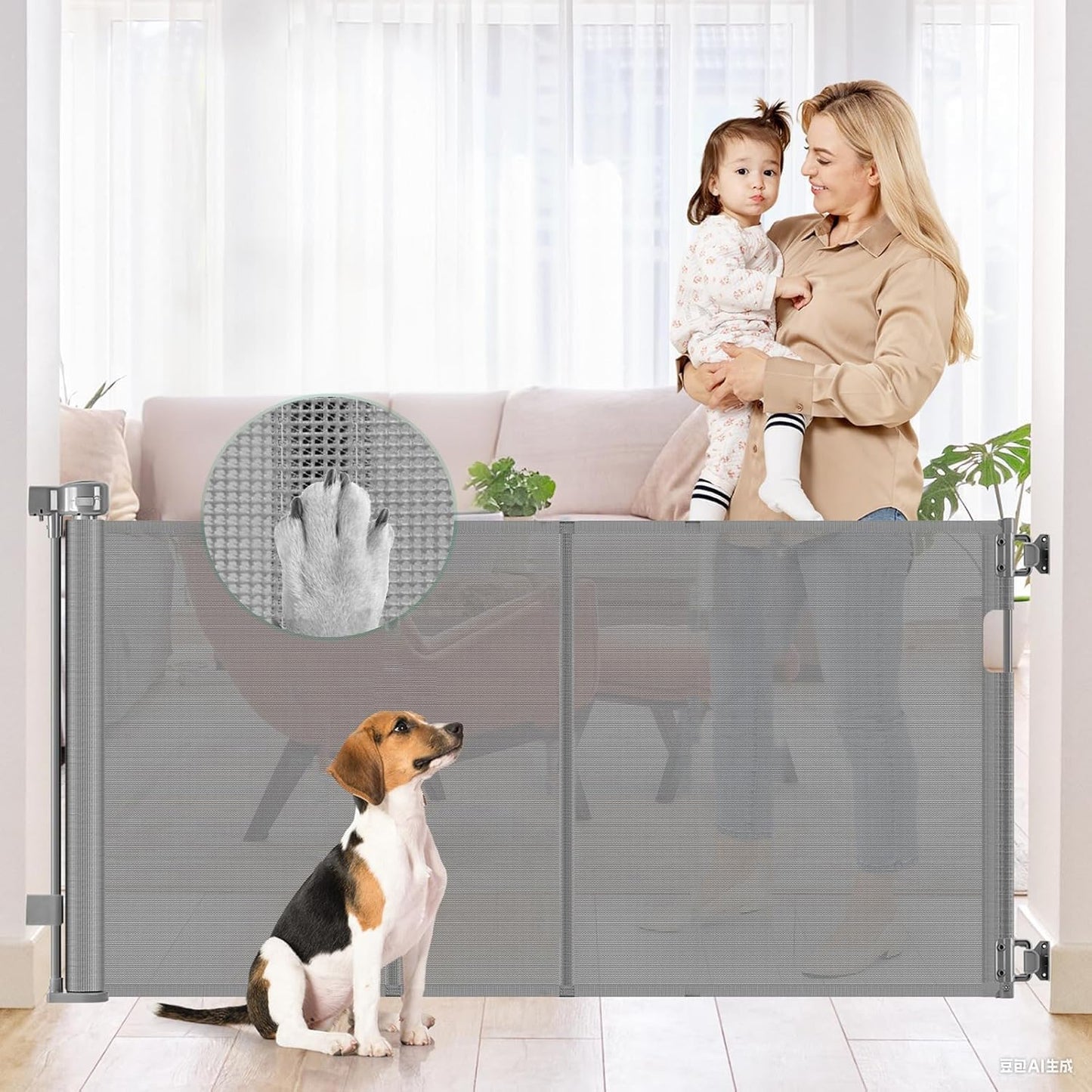 Reinforced 50" Wide Retractable Baby Gates for Doorways, Retractable Dog Gate for Stairs with Support Rods – Prevent Crawling Under, Outdoor Indoor Mesh Baby Gate Retractable Gates for Dogs, White
