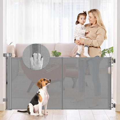 Reinforced 50" Wide Retractable Baby Gates for Doorways, Retractable Dog Gate for Stairs with Support Rods – Prevent Crawling Under, Outdoor Indoor Mesh Baby Gate Retractable Gates for Dogs, White